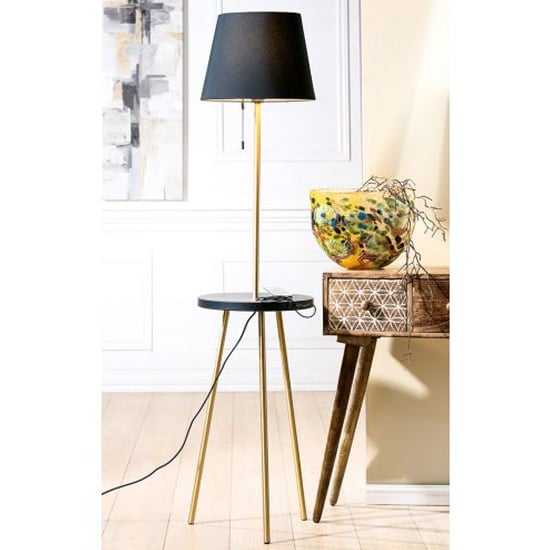 Tavolo Floor Lamp In Gold And Black With Wood Stand