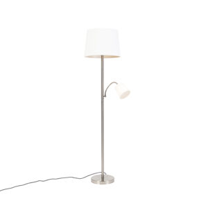 Classic floor lamp steel with white shade and reading lamp – Retro