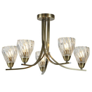 Ascona 5 Lights Glass Semi Flush Ceiling Light In Antique Brass
