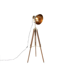 Industrial tripod floor lamp bronze with wood – Mangoes