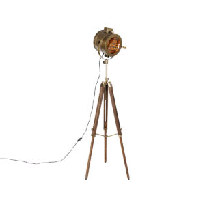 Tripod floor lamp bronze with wood studio spot – Radient