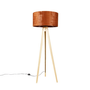 Floor lamp wood with fabric shade orange 50 cm – Tripod Classic