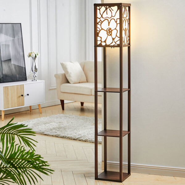 Brown Floor Lamp with Flower Linen Shade 3 Layers Indoor Towered Lamp