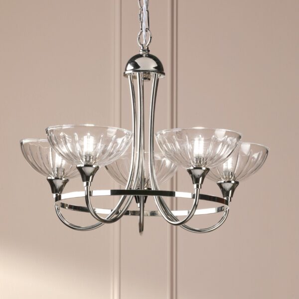 Laura Ashley Wellham 5 Light Ceiling Pendant Light In Polished Nickel With Ribbed Glass LA3756606-Q