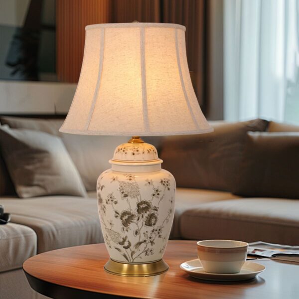 Lightsin Table Lamp Ceramic and Copper Chrysanthemum Design with Fabric Shade
