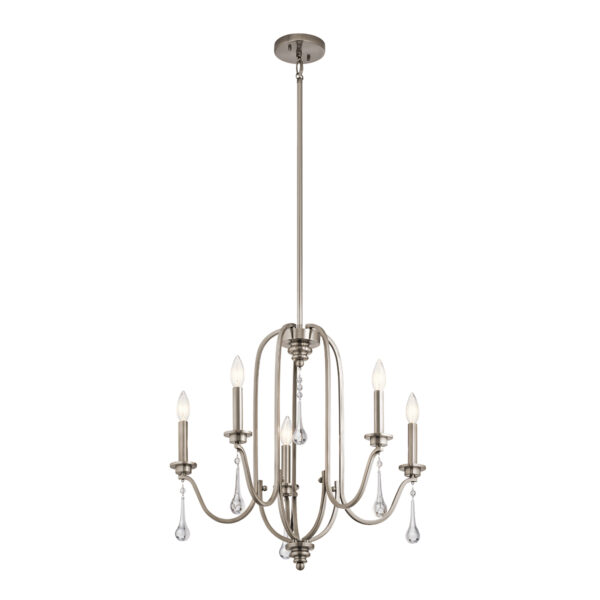 Quintiesse QN-KARLEE5 Karlee Stylish 5 Light Ceiling Chandelier In Classic Pewter With Crystal Glass Droplets