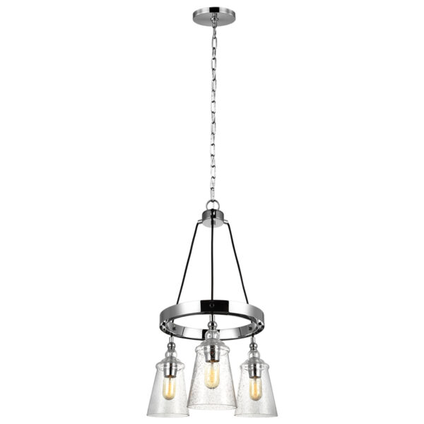 Quintiesse QN-LORAS3 Loras 3 Light Industrial Ceiling Chandelier In Polished Chrome With Seeded Glass