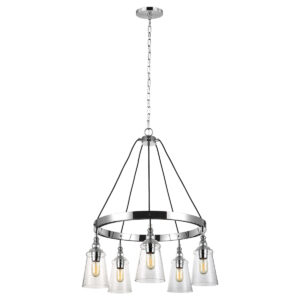 Quintiesse QN-LORAS5 Loras 5 Light Industrial Chandelier In Polished Chrome With Seeded Glass