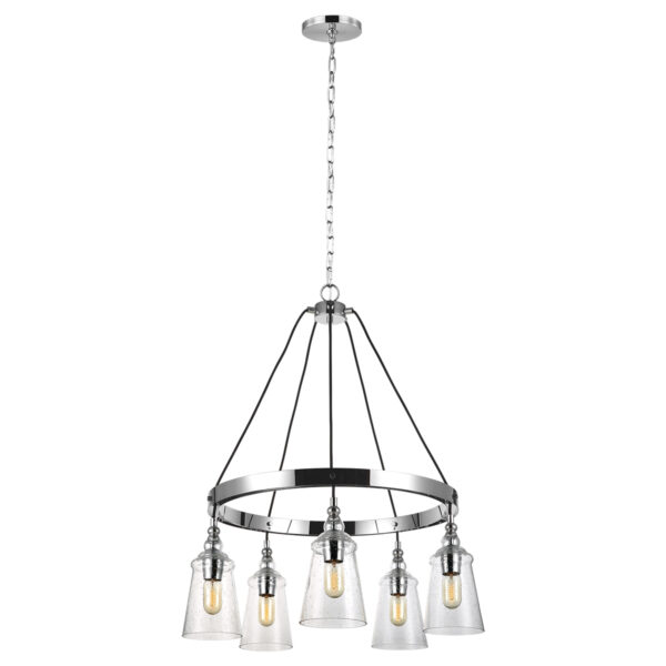 Quintiesse QN-LORAS5 Loras 5 Light Industrial Chandelier In Polished Chrome With Seeded Glass