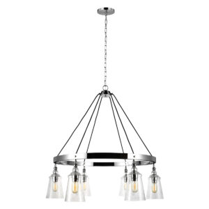 Quintiesse QN-LORAS6 Loras 6 Light Industrial Chandelier In Polished Chrome With Seeded Glass