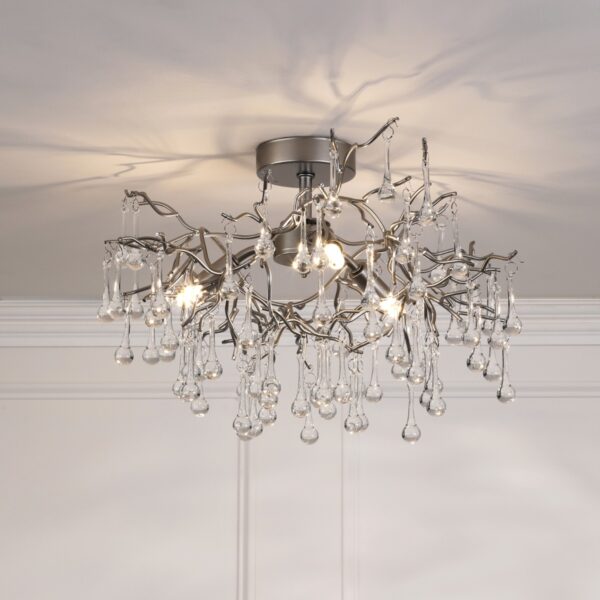 Laura Ashley Willow 3 Light Semi Flush Ceiling Light In Satin Pewter Finish With Crystal