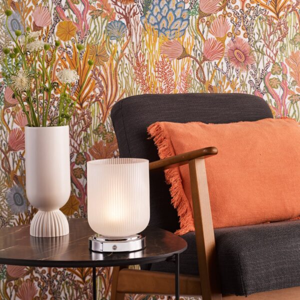 Dar Wisebuys Echo Rechargeable LED Table Lamp In Polished Chrome And Ribbed Glass