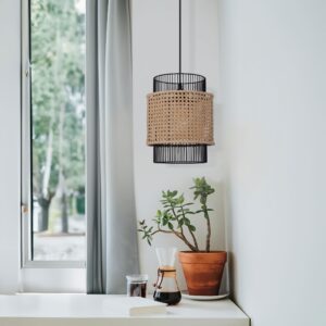 Lightsin Elegant Black Frame with Handwoven Rattan Pendant Light