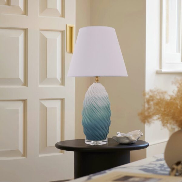 Lightsin 3D Blue Green White Gradient Threaded Ceramic Table Lamp with Fabric Shade