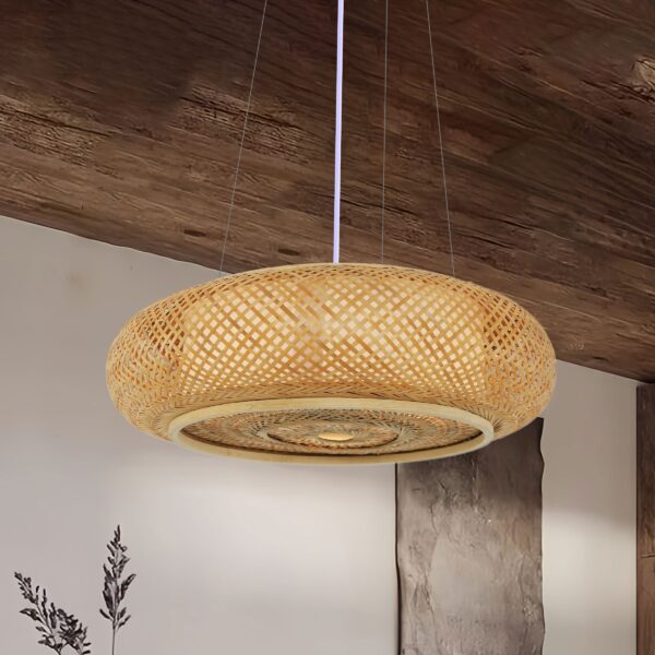 Lightsin Japanese-Style Bamboo Rattan Pendant & Ceiling Light - Flat Flush Mount or Hanging Fixture for Bedroom, Living Room & More