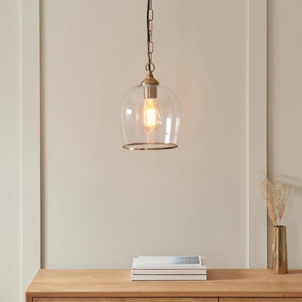 Aiken Clear Glass Pendant Ceiling Light In Brushed Aged Brass