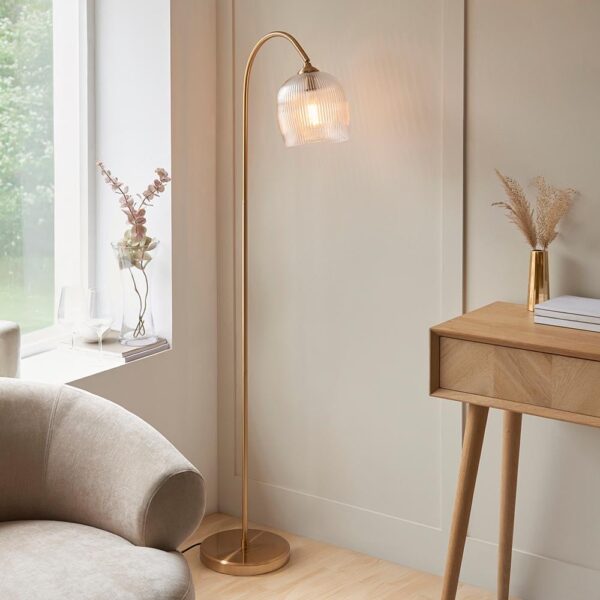 Aiken Ribbed Glass Floor Lamp In Brushed Aged Brass