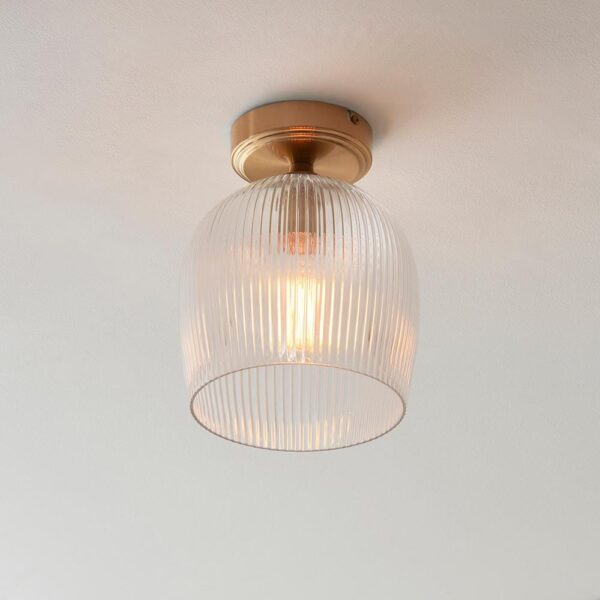 Aiken Ribbed Glass Flush Ceiling Light In Brushed Aged Brass