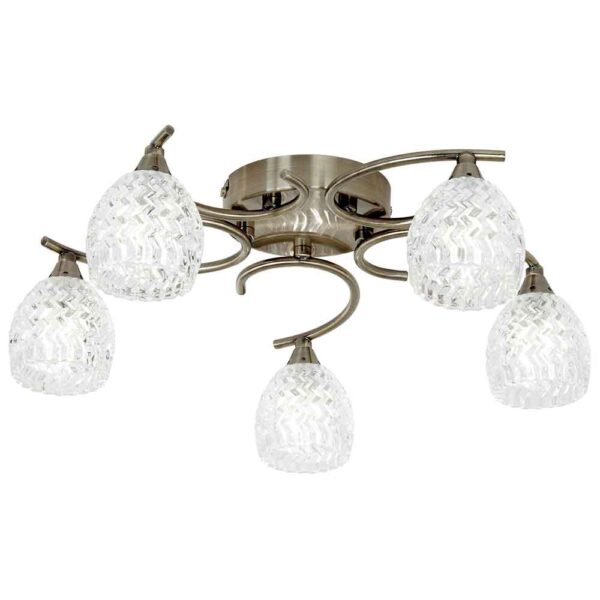 Barco 5 Lights Glass Flush Ceiling Light In Antique Brass