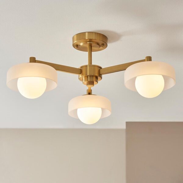 Battersea Glass 3 Semi Flush Ceiling Light In Brushed Aged Brass