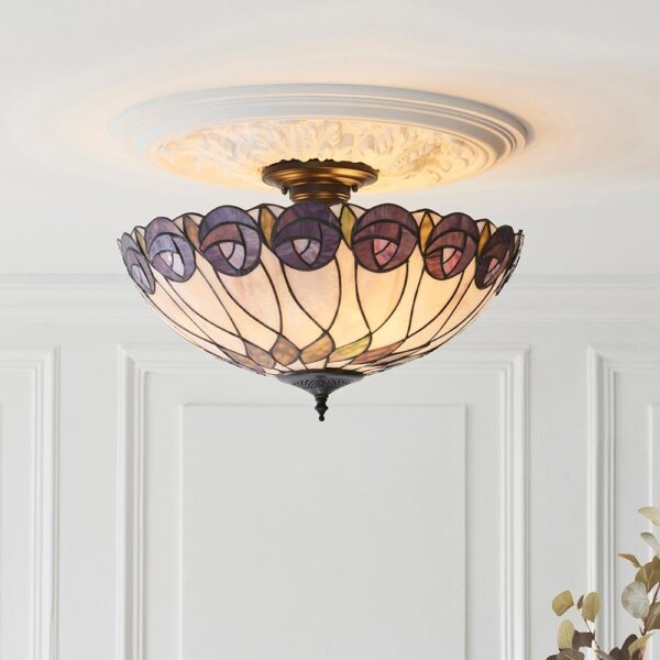 Hinton Tiffany Glass Semi Flush Ceiling Light In Multicolour
