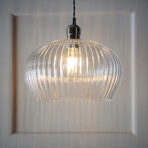Hixson Medium Ribbed Glass Pendant Ceiling Light In Nickel