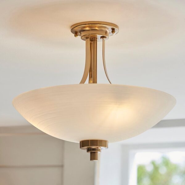 Welles 3 Lights White Glass Semi Flush Ceiling Light In Brass