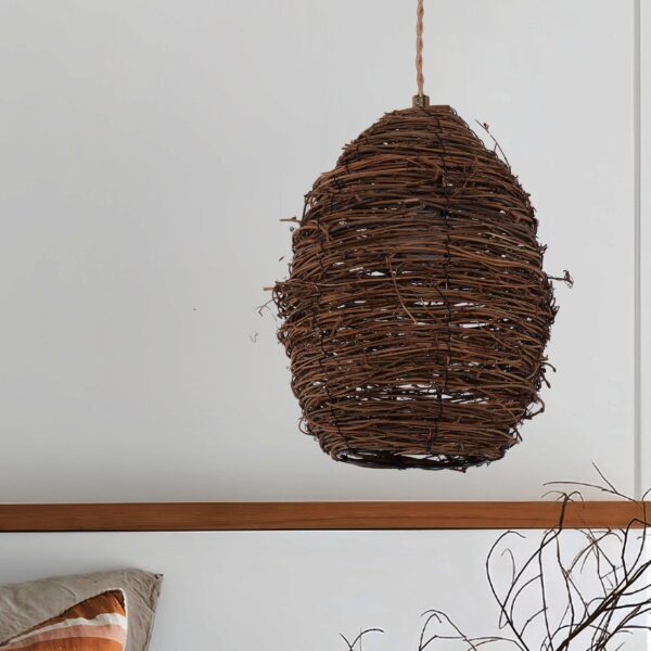 Lightsin Handcrafted Rustic Woven Rattan and Iron Pendant Light