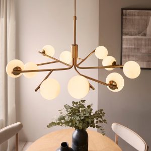 Aiken Glass 10 Light Pendent Ceiling Light In Brushed Aged Brass