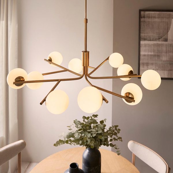 Aiken Glass 10 Light Pendent Ceiling Light In Brushed Aged Brass