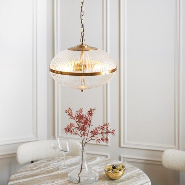 Salem 3 Light Ribbed Glass Pendant Ceiling Light In Vintage Brass