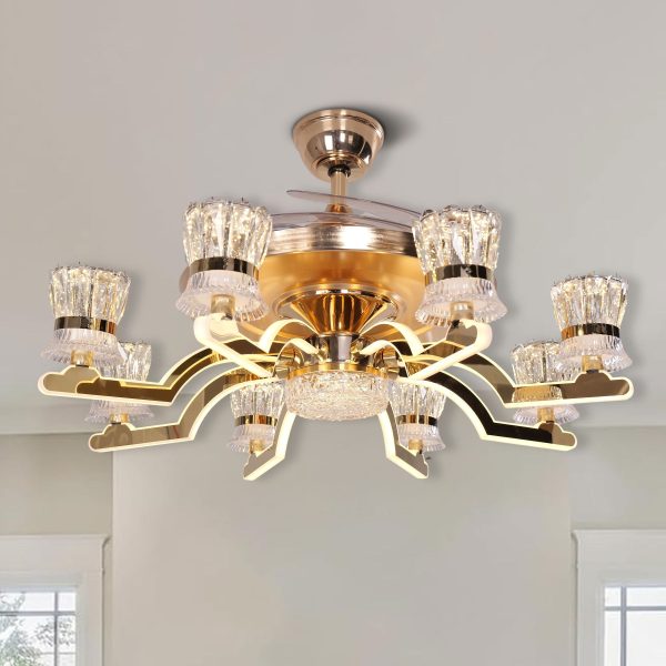 Lightsin Ceiling Fan Light with Gold Copper and Crystal 78cm Elegant Fan Light