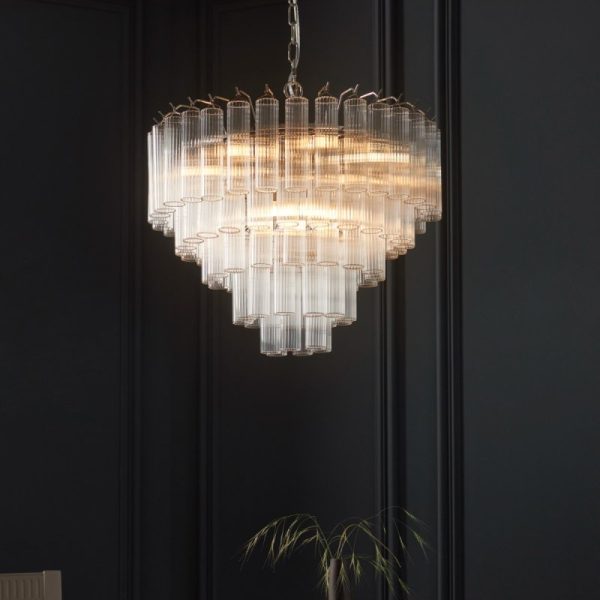 Endon 104090 Toulouse 12 Light Ceiling Chandelier In Bright Nickel With Cylindrical Glass