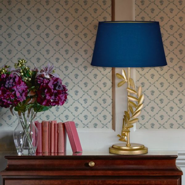 Laura Ashley Archer Table Lamp Leaf Design In Gold With Navy Blue Shade