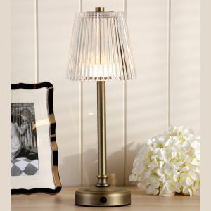 Laura Ashley Callaghan Portable LED Table Lamp In Matt Antique Brass With Ribbed Glass