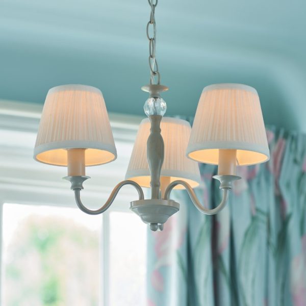 Laura Ashley Ellis Satin Cream Spindle 3 Light Chandelier with Ivory Shades