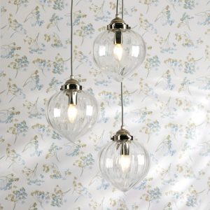 Laura Ashley Whitham 3 Light Cluster Ceiling Pendant Light In Polished Nickel With Ribbed Glass LA3756592-Q