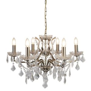Searchlight 8736-6AB Paris Six Light Ceiling Chandelier In Antique Brass With Crystal Glass