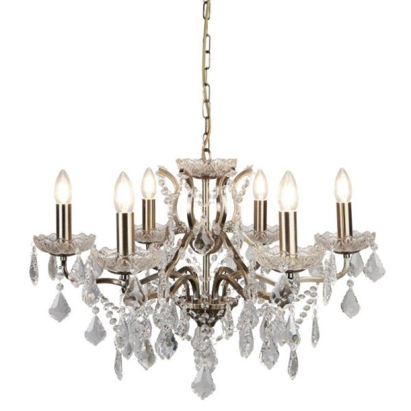 Searchlight 8736-6AB Paris Six Light Ceiling Chandelier In Antique Brass With Crystal Glass