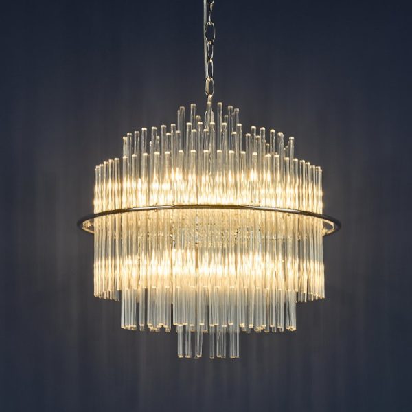 Dar Lighting Lukas 13 Light Ceiling Chandelier In Polished Chrome With Glass Rods