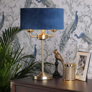 Laura Ashley Sorrento 3 Light Table Lamp In Antique Brass Finish With Blue Velvet Shade LA3756234-Q